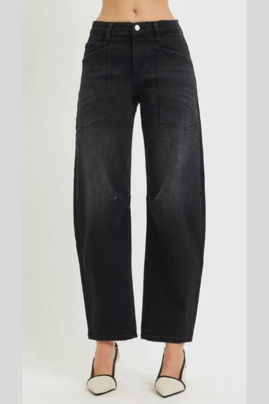 Risen Black Mid Rise Barrel Patch Jeans