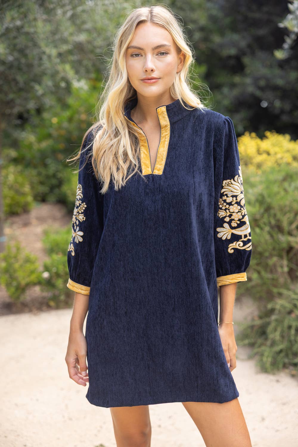 VOY Midnight Gold Embroidered Sleeve Velvet Shift Dress