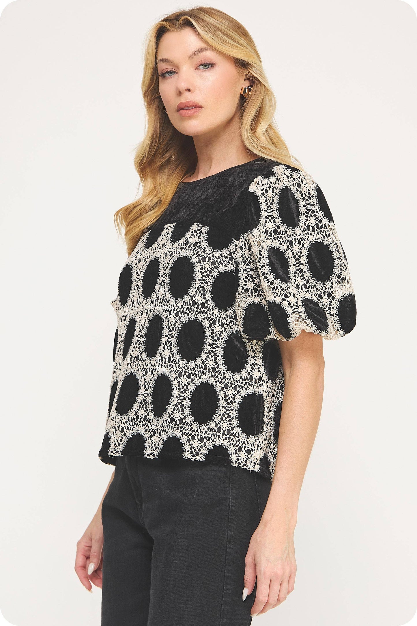 Strut and Bolt Crochet Velvet Puff Sleeve Top