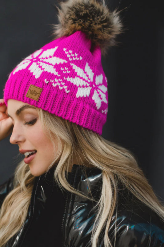 Pink and White Snowflake Fleece Lined Hat
