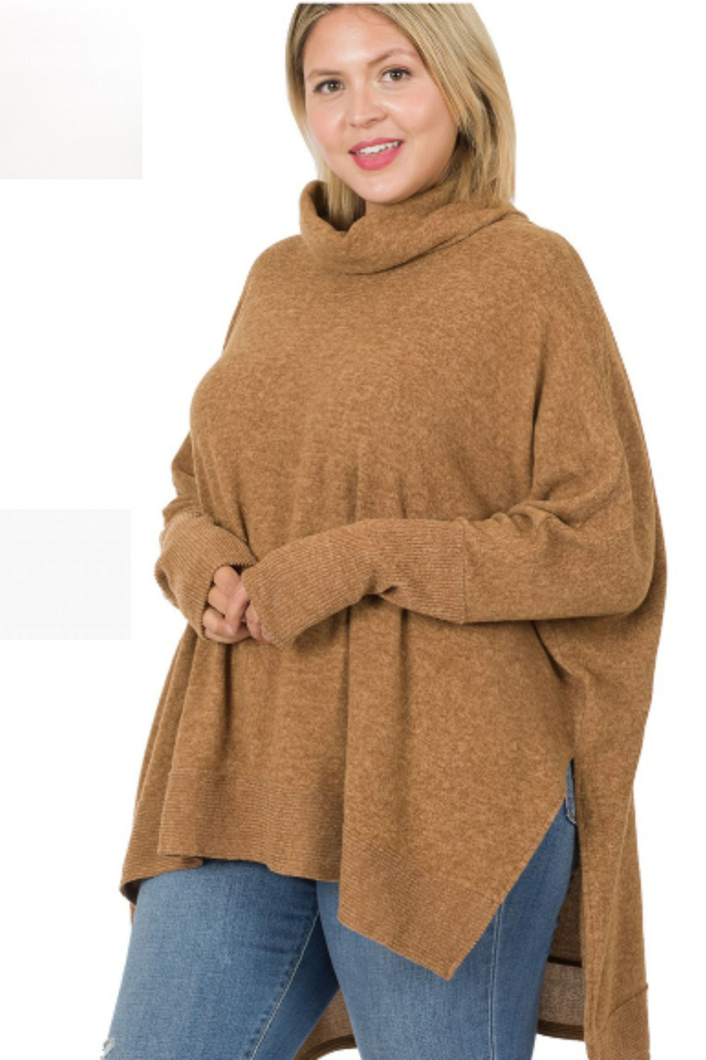 Plus Size Cozy Dark Camel Cowl Neck Sweater