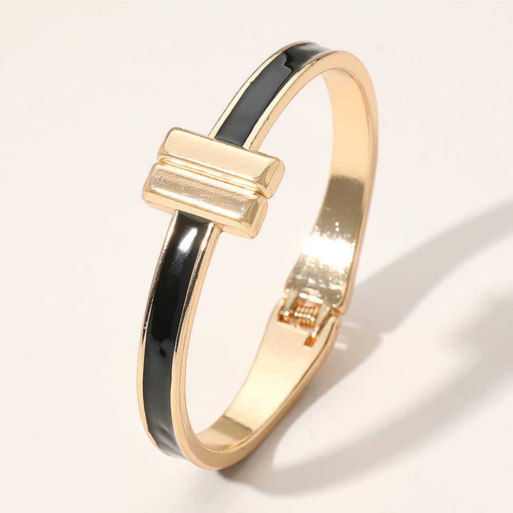 Black Metal Bar Tip Enamel Hinged Bangle Bracelet