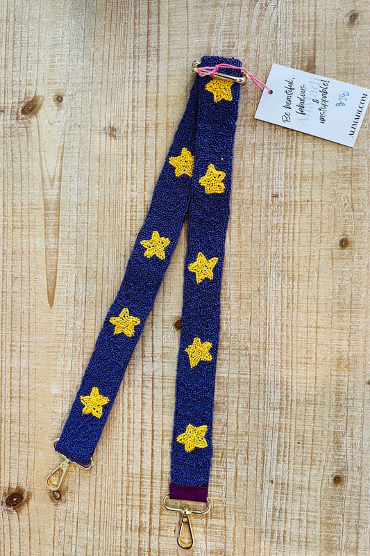 Purple and Gold Star Beaded Guitar Purse Strap