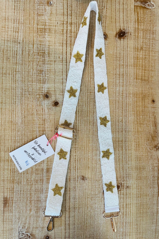 White and Gold Star Beaded Guitar Purse Strap