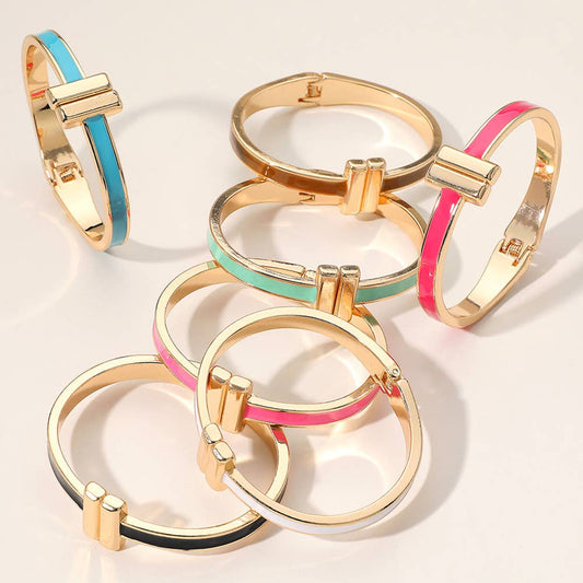 Pink Metal Bar Tip Enamel Hinged Bangle Bracelet