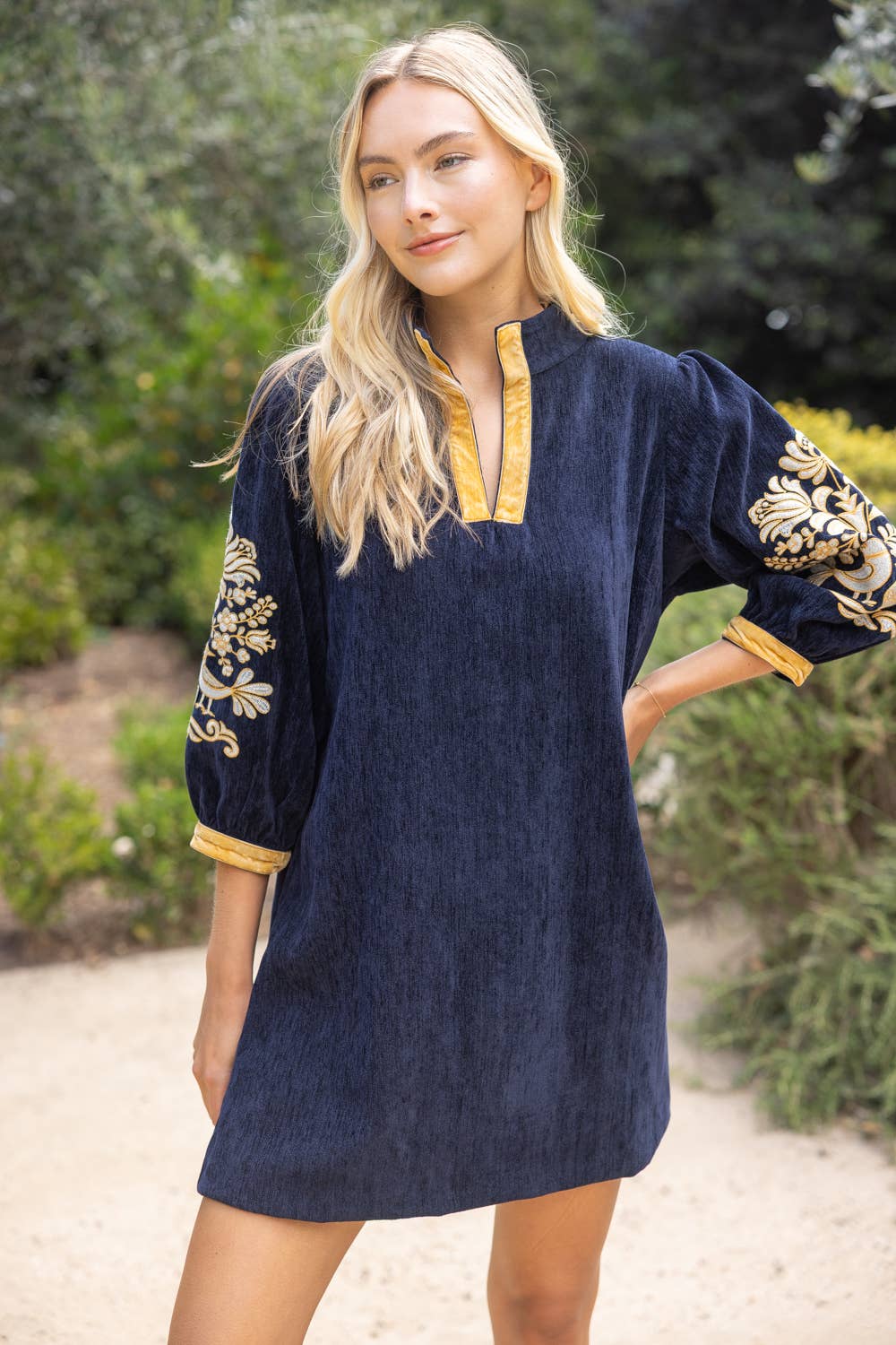 VOY Midnight Gold Embroidered Sleeve Velvet Shift Dress