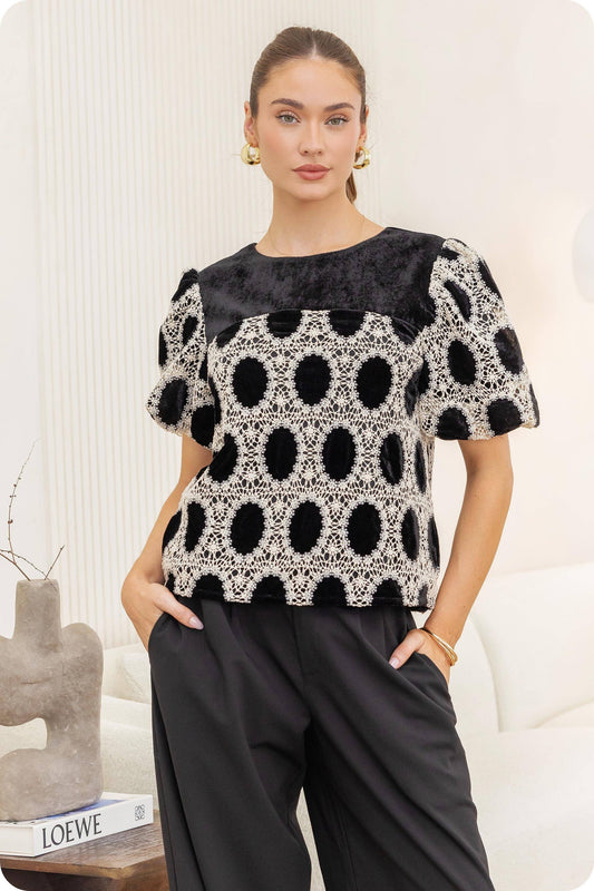 Strut and Bolt Crochet Velvet Puff Sleeve Top