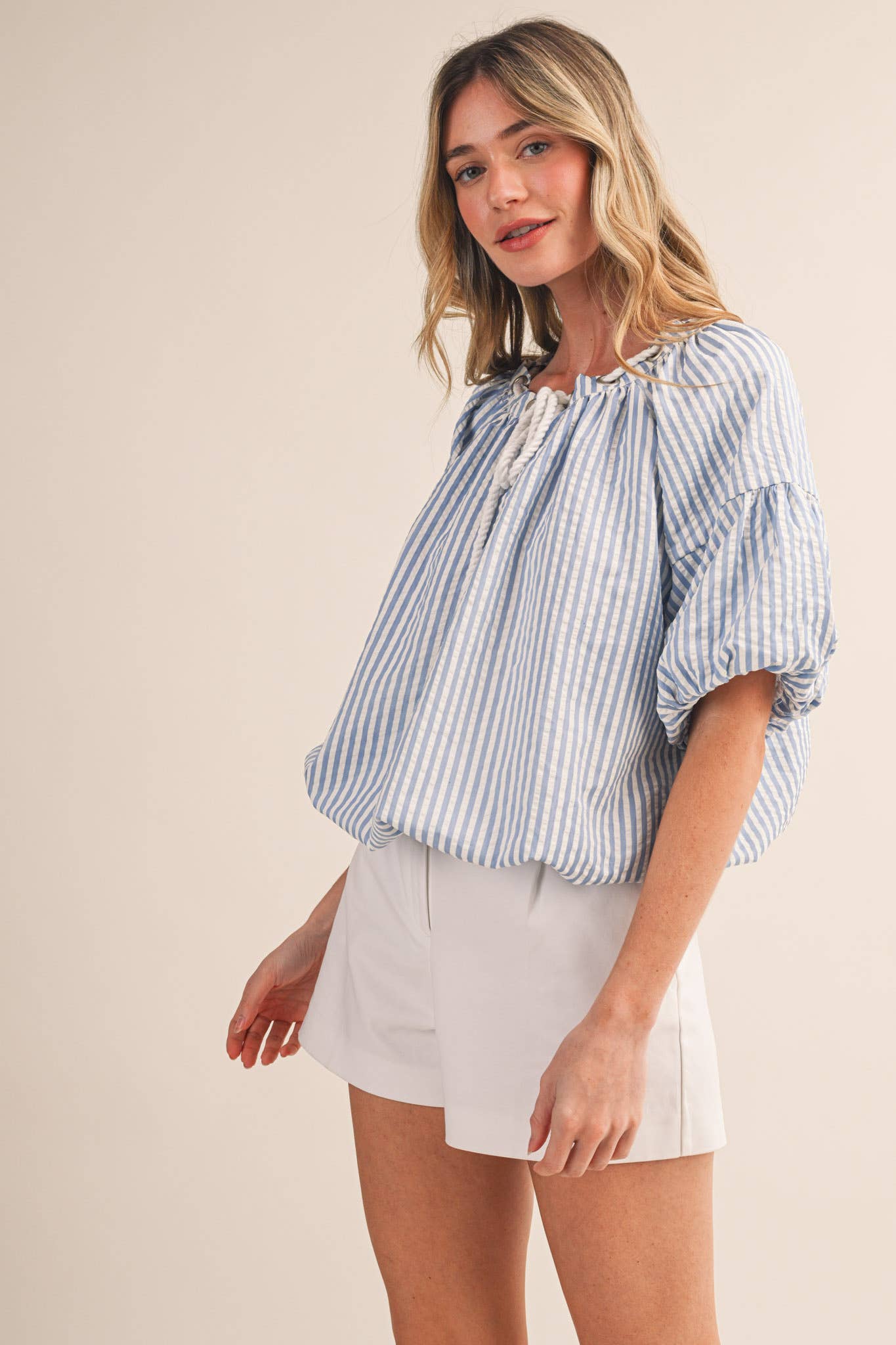 &Merci Blue and White Stripe Rope Trim Top