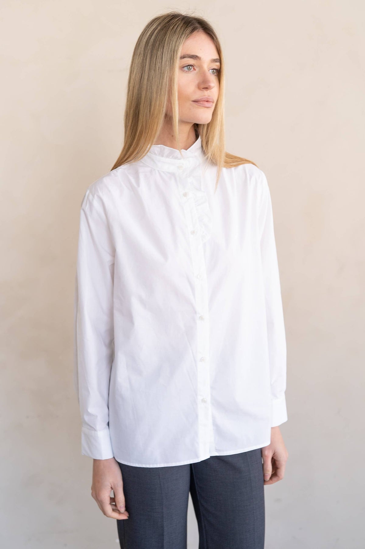Elle Grey White Ruffle Collar Button Blouse