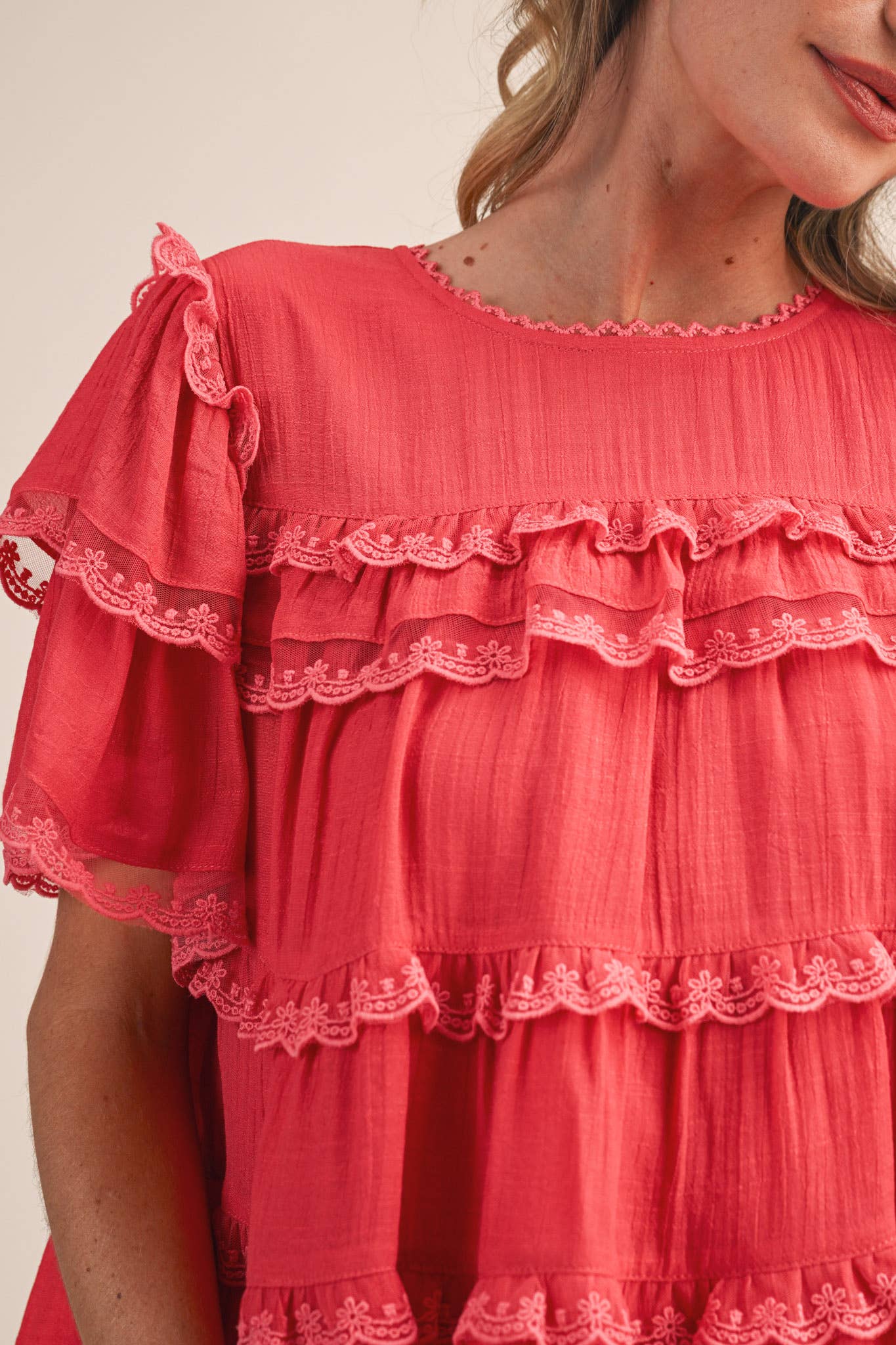 &Merci Tiered Ruffle Lace Trim Swing Top