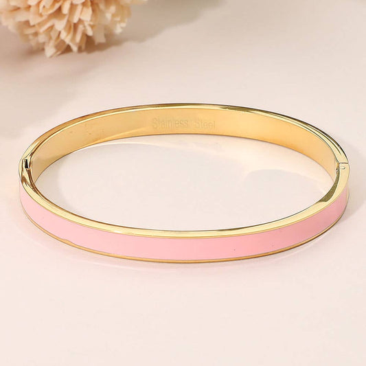 Pink Stainless Steel Enamel Inlay Hinged Bangle Bracelet