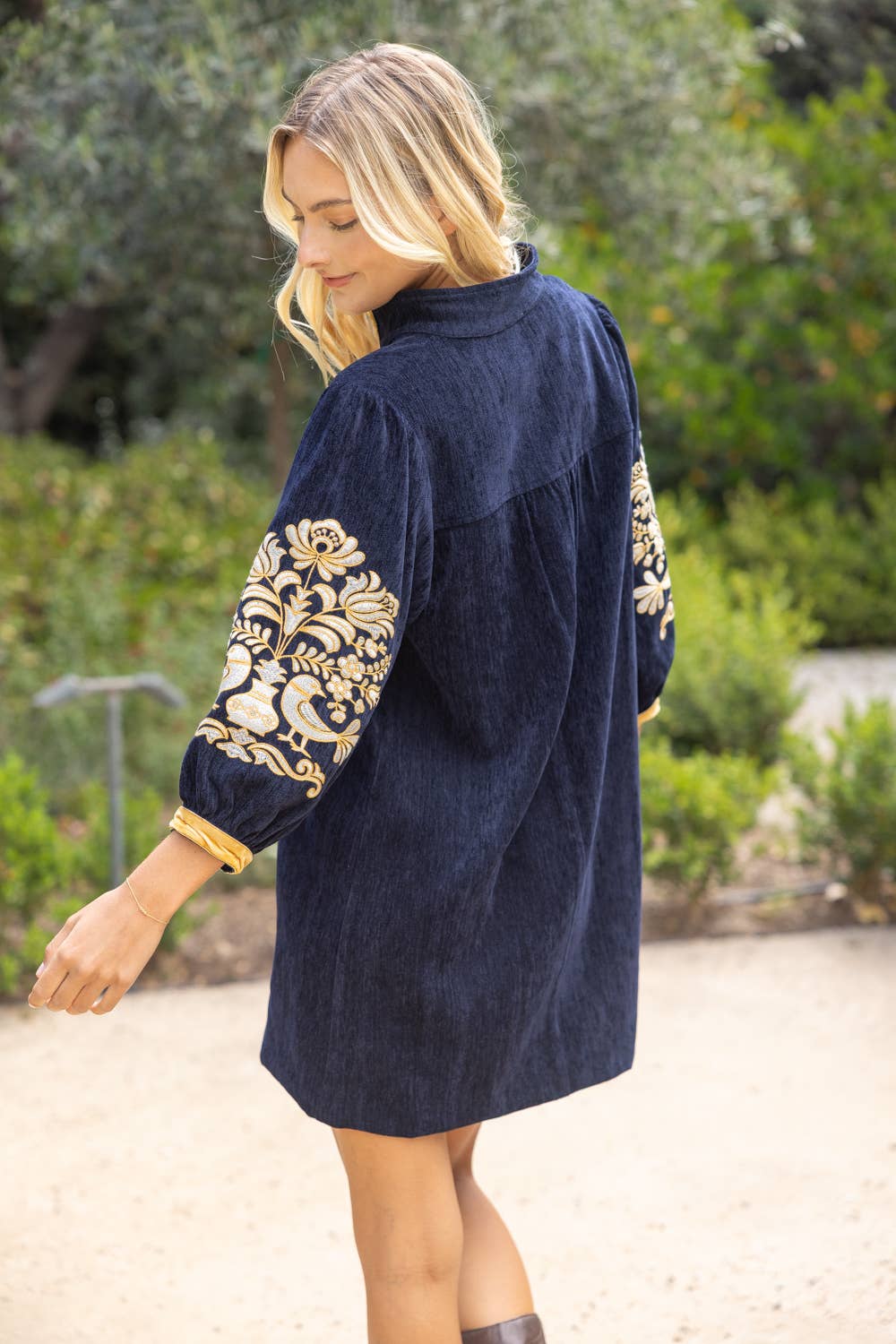 VOY Midnight Gold Embroidered Sleeve Velvet Shift Dress