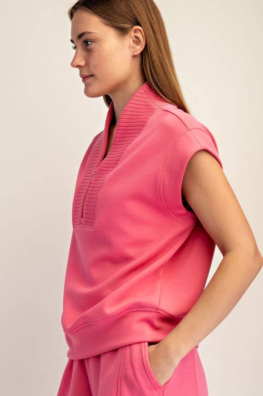 Rae Mode Pink Sleeveless Modal Scuba Luxe Quarter Zip Top