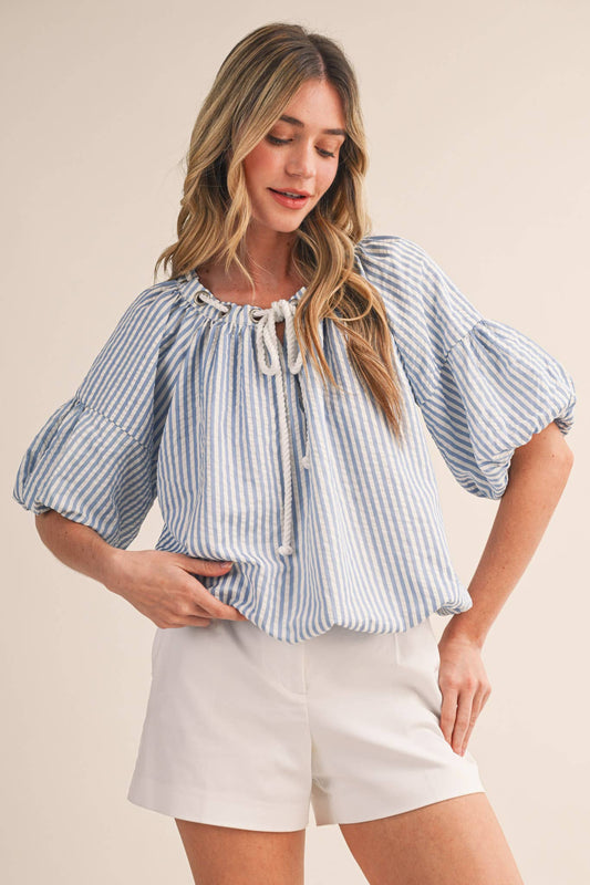&Merci Blue and White Stripe Rope Trim Top