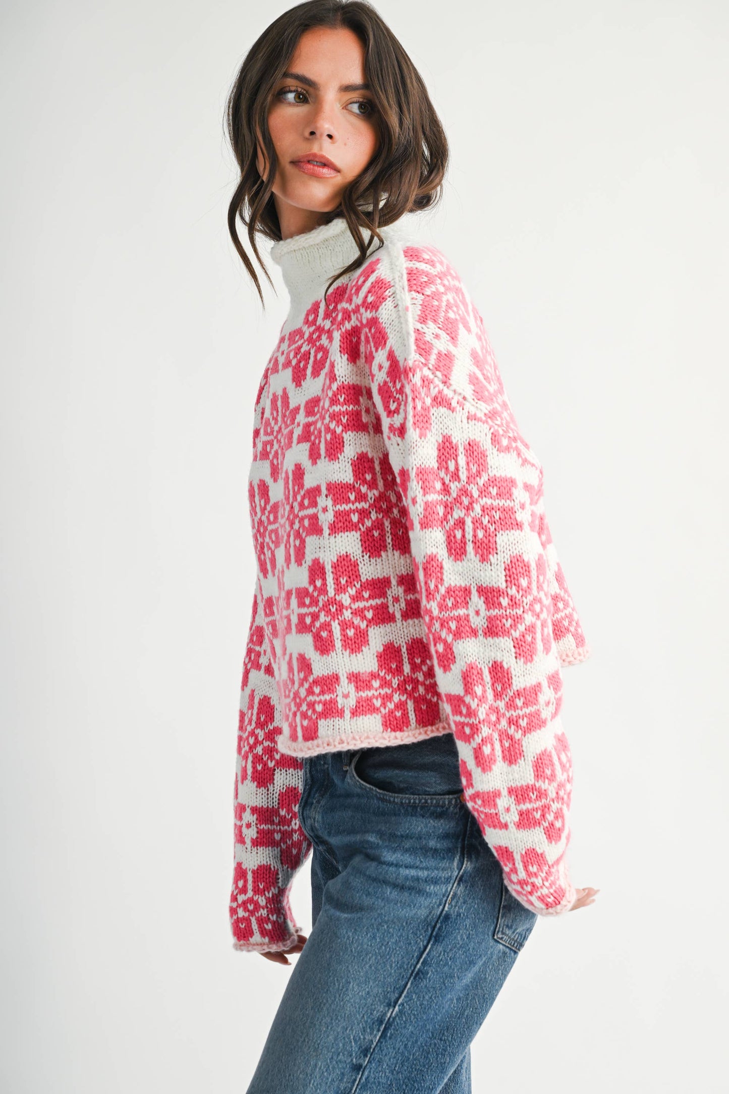 Pink Floral Fair Isle Mock Neck Sweater