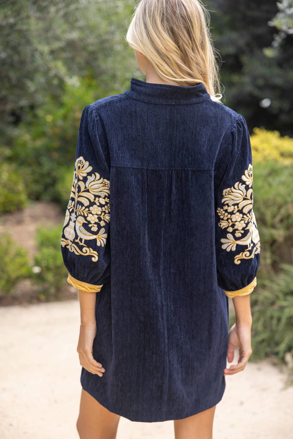 VOY Midnight Gold Embroidered Sleeve Velvet Shift Dress