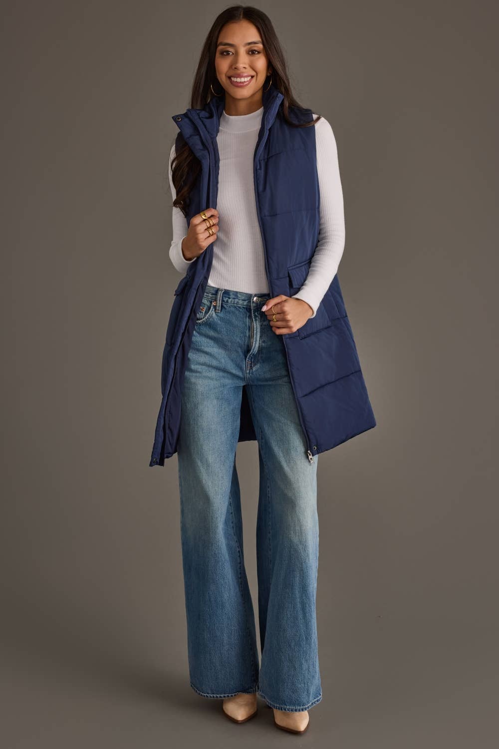 Navy Blue Long Quilted Vest