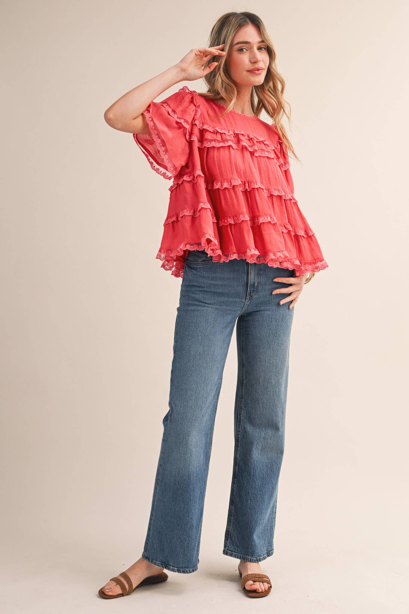 &Merci Tiered Ruffle Lace Trim Swing Top