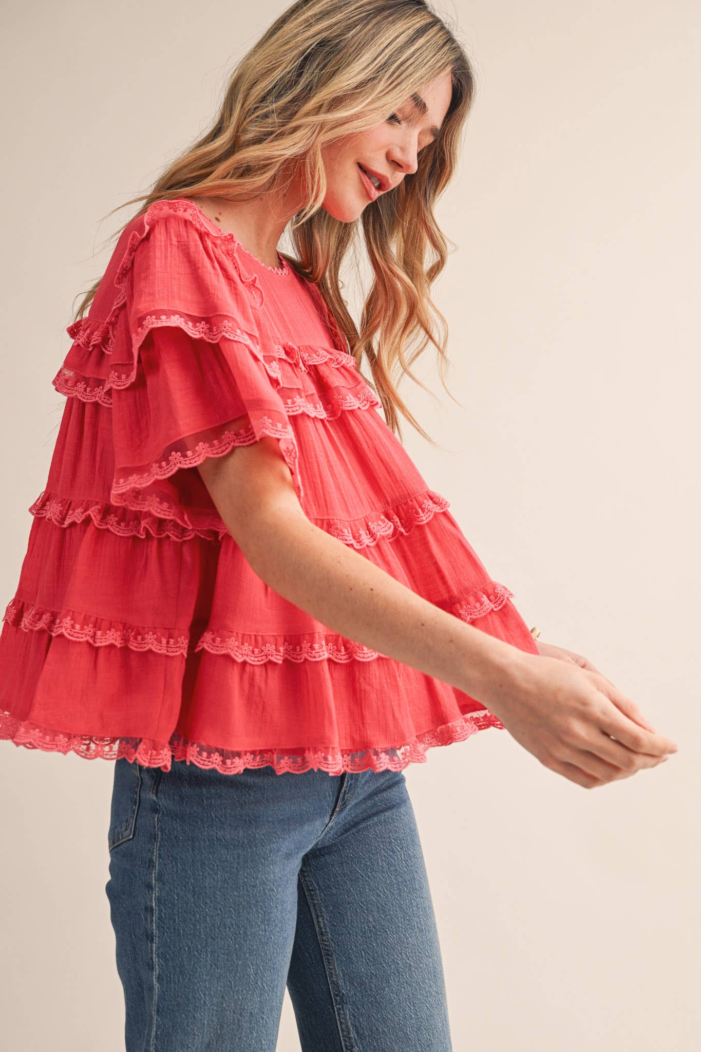 &Merci Tiered Ruffle Lace Trim Swing Top