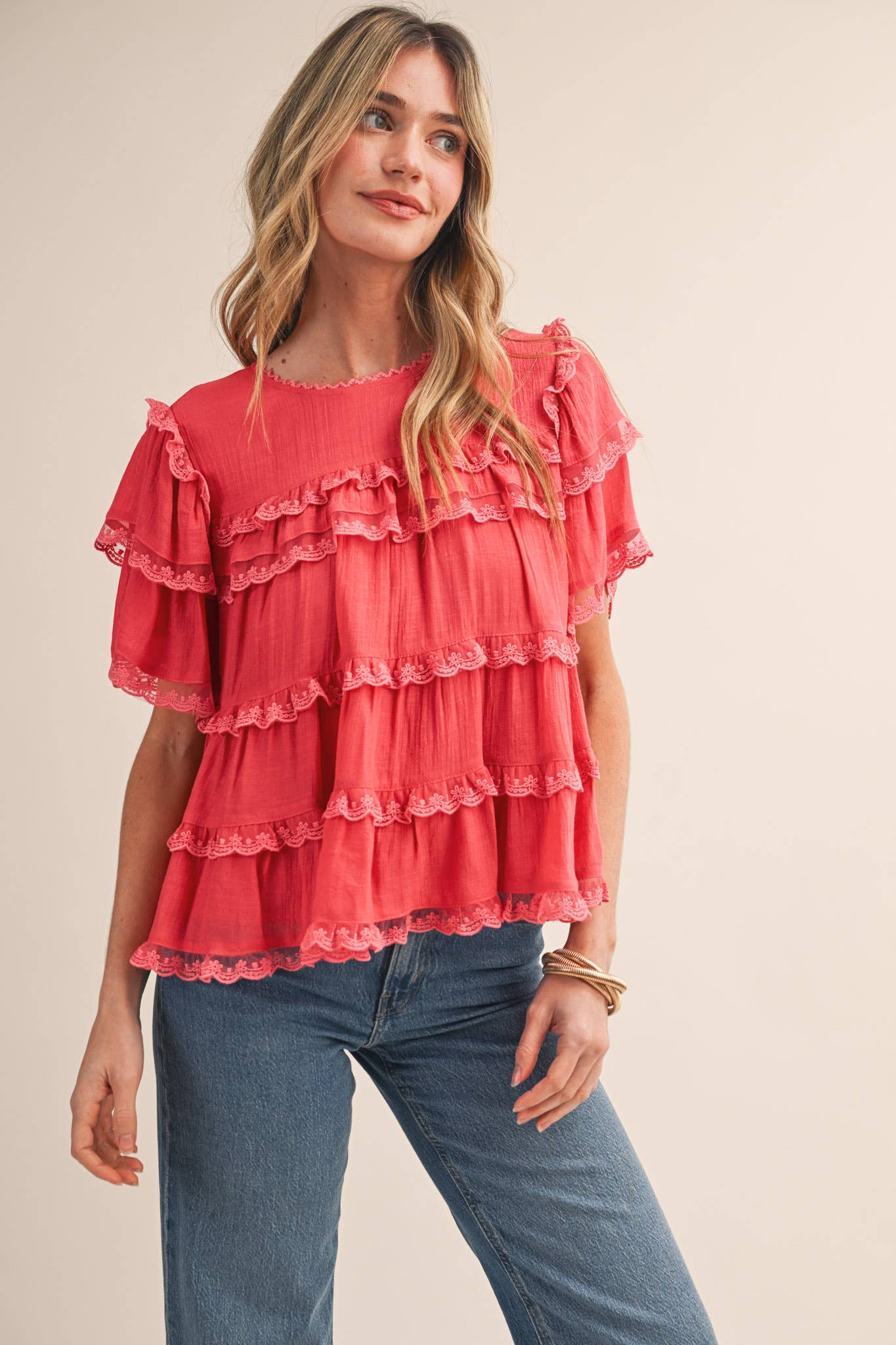 &Merci Tiered Ruffle Lace Trim Swing Top