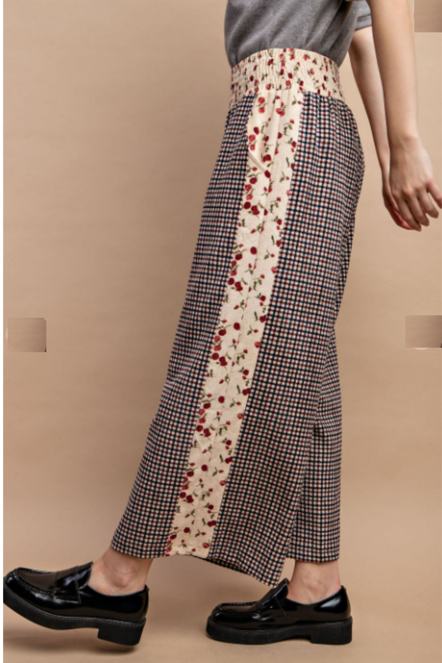 Flower and Checked Wide Leg Pants