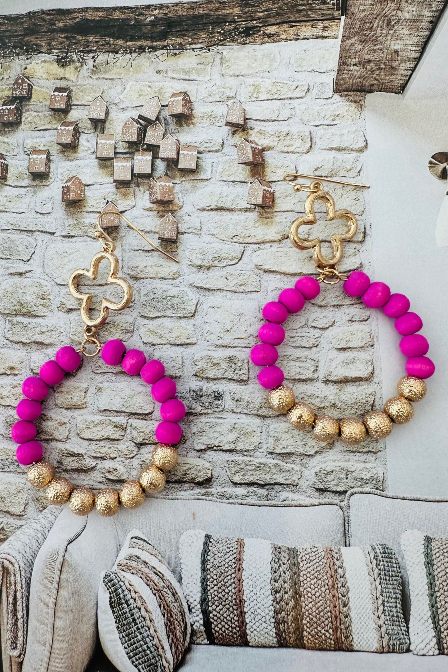 Pink Beaded Clover Earrings