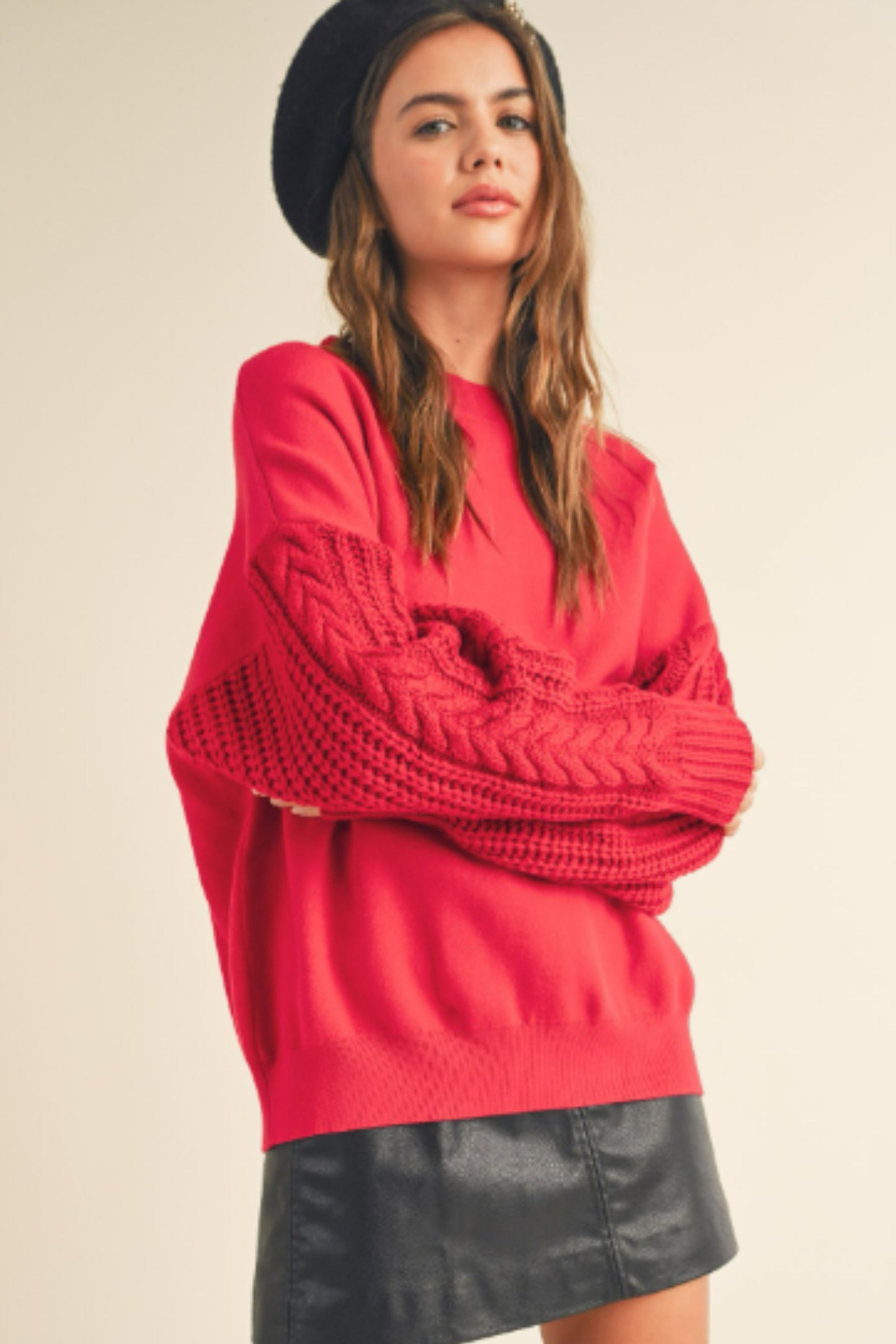 Red Crochet Sleeve Sweater