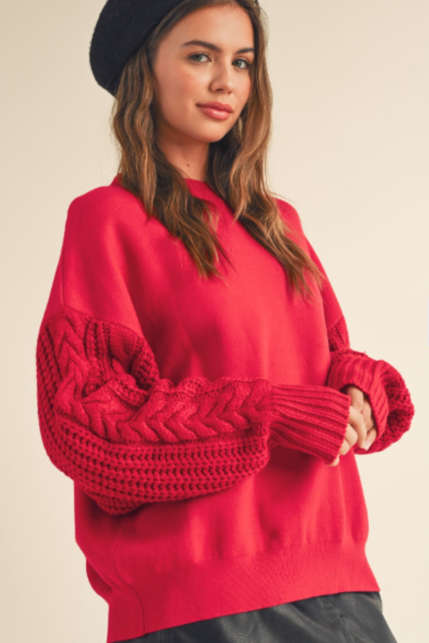 Red Crochet Sleeve Sweater