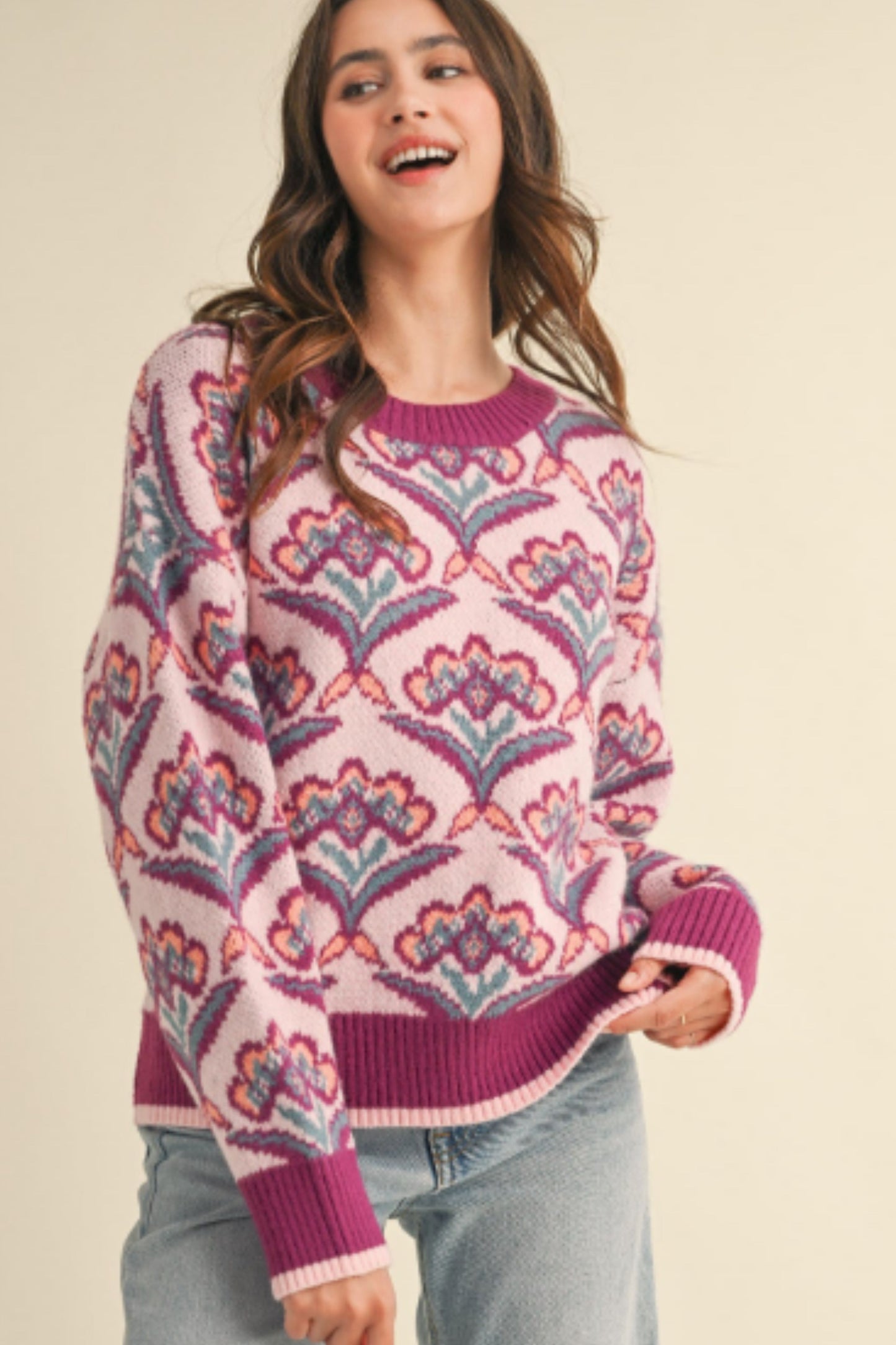 &merci Plum Floral Pattern Knit Sweater